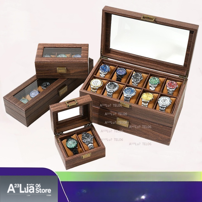 Jewelry Box With Watches - 빈티지 나무결 PU 가죽 시계 상자