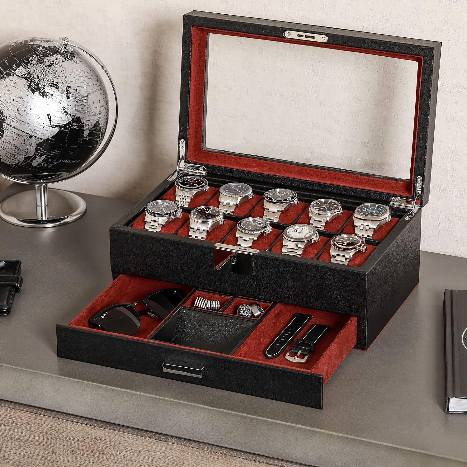 가죽 소재의 10슬롯 시계 보관함, 수납 서랍 포함,  - Jewelry Watches Luxury 리뷰 및 가격