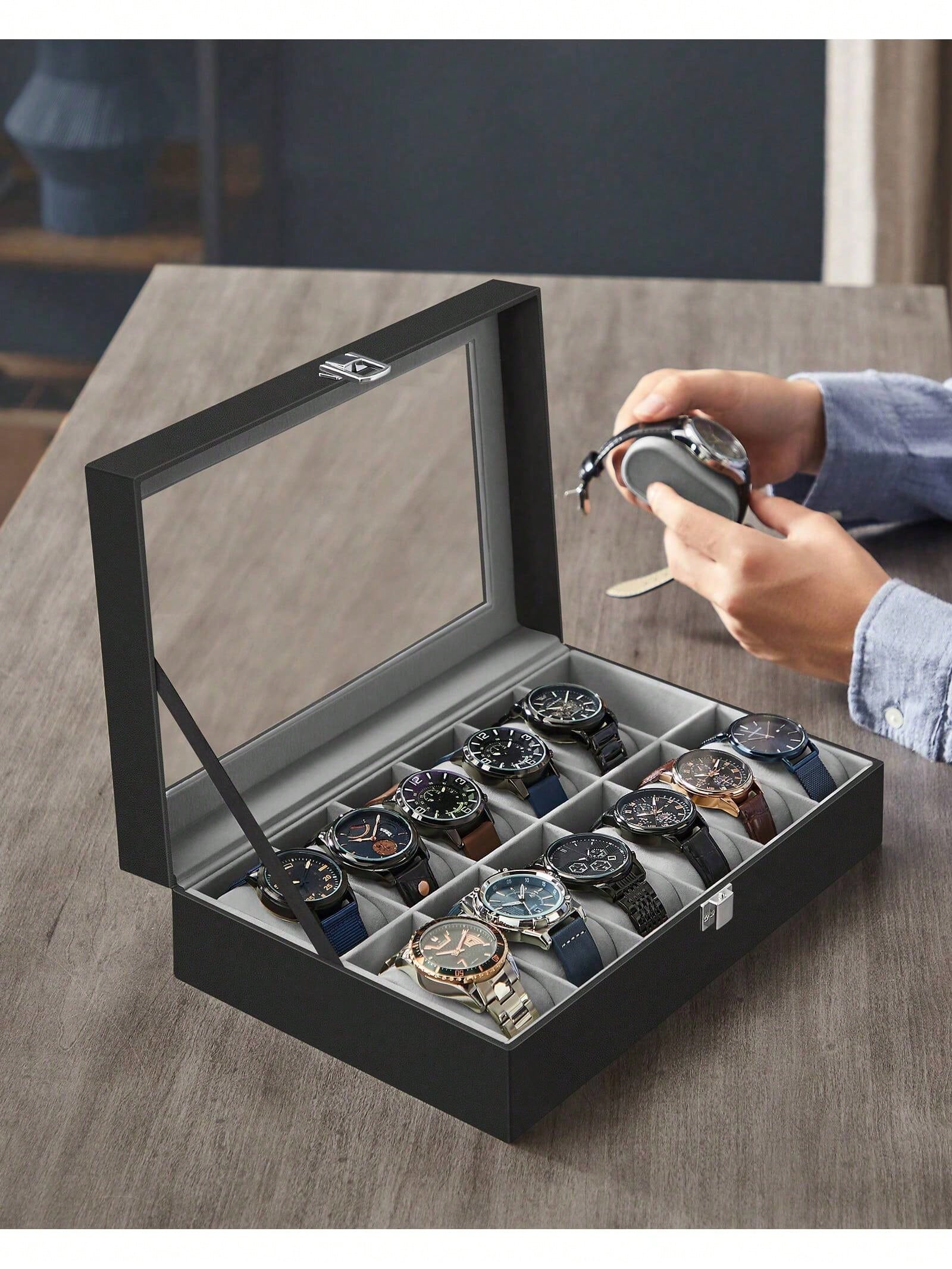 유리 뚜껑과 서랍이 있는 12슬롯 잠금식 시계 상자,  - Jewelry Box With Watches 리뷰 및 가격