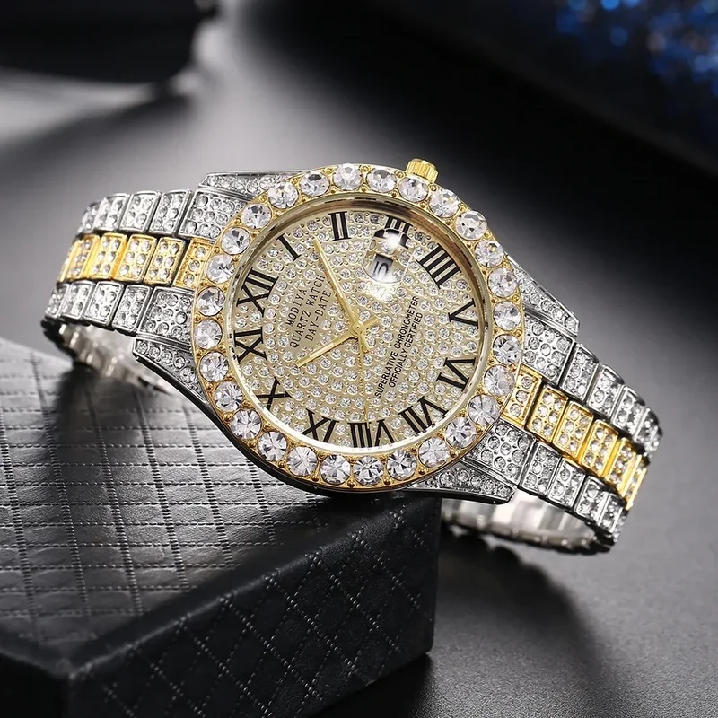 핫세일 반짝이는 라인스톤 장식 골드 쿼츠 손목시계, 남 - Jewelry Watches For Sale 리뷰 및 가격