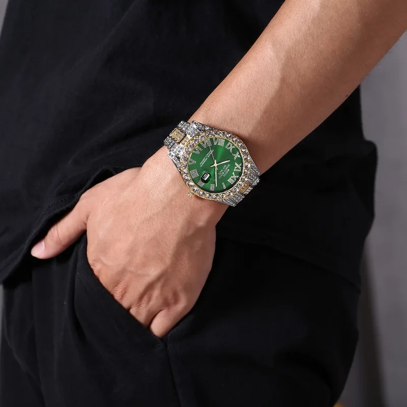 핫세일 반짝이는 라인스톤 장식 골드 쿼츠 손목시계, 남 - Jewelry Watches For Sale 리뷰 및 가격