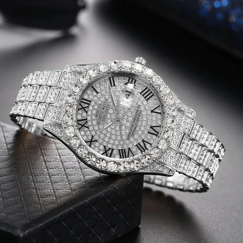 핫세일 반짝이는 라인스톤 장식 골드 쿼츠 손목시계, 남 - Jewelry Watches For Sale 리뷰 및 가격